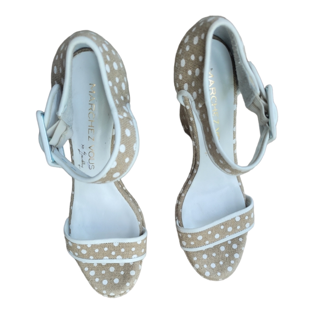 Marchez Vous White Dot LinenPlatform Heels, 8.5| Made in Italy.